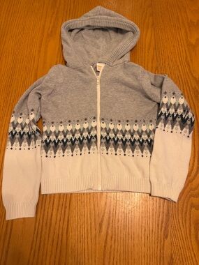 Gymboree Gray and White Hooded Zip Cardigan with Fair Isle Size 7/8